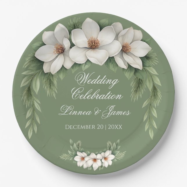 Elegante White Magnolia Winter Wedding Pine Tree Pappteller (Vorderseite)