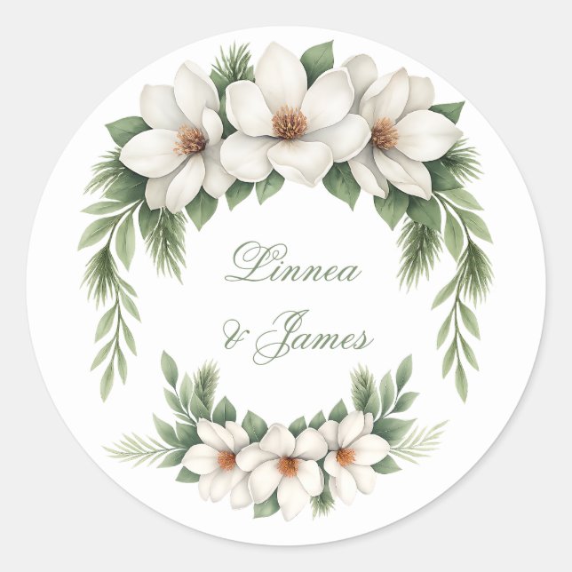 Elegante White Magnolia Winter Wedding Pine Tree Runder Aufkleber (Vorderseite)