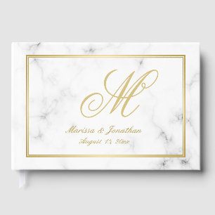 Elegante White Marble Gold Monogram Script Hochzei Gästebuch