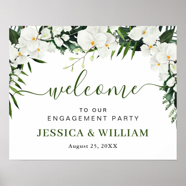 Elegante White Orchid ENGAGEMENT PARTY Begrüßungsz Poster (Vorne)