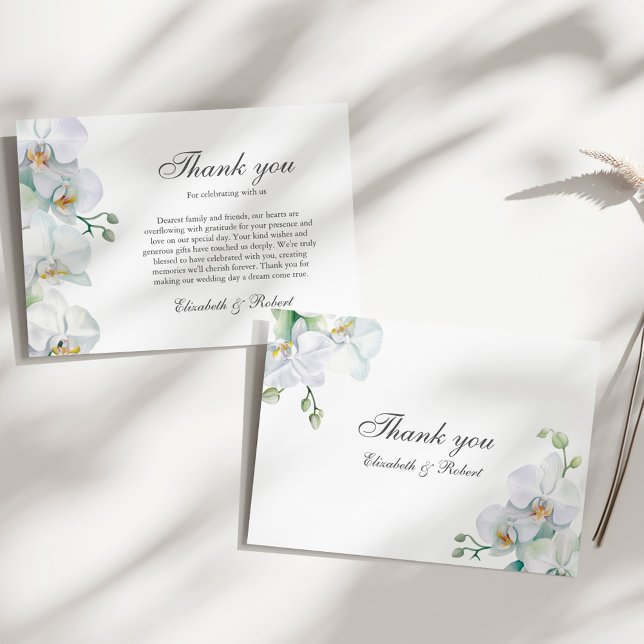 Elegante White Orchid Wedding Dankeschön Card Dankeskarte (Elegant White Orchid Wedding Thank You Card on a sunny elegant white table.)