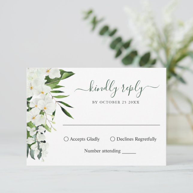 Elegante White Orchids Bohemische Wedding RSVP Car (Stehend Vorderseite)