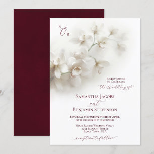 Elegante White Orchids Burgundy Script Wedding Einladung