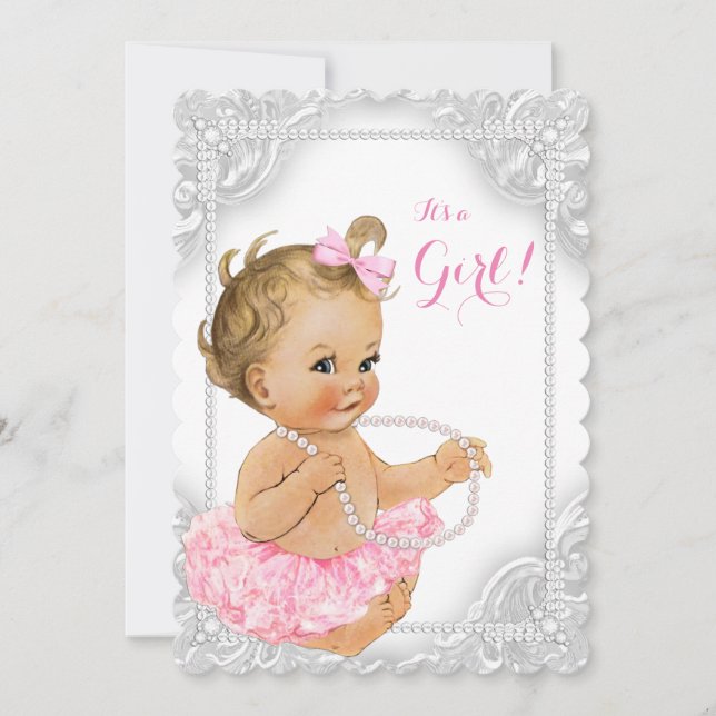 Elegante White Pearl Baby Girl Dusche Einladung (Vorderseite)