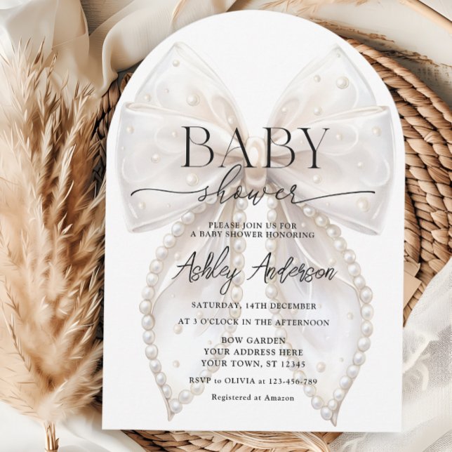 Elegante White Pearl Bow Baby Shower Einladung (Von Creator hochgeladen)