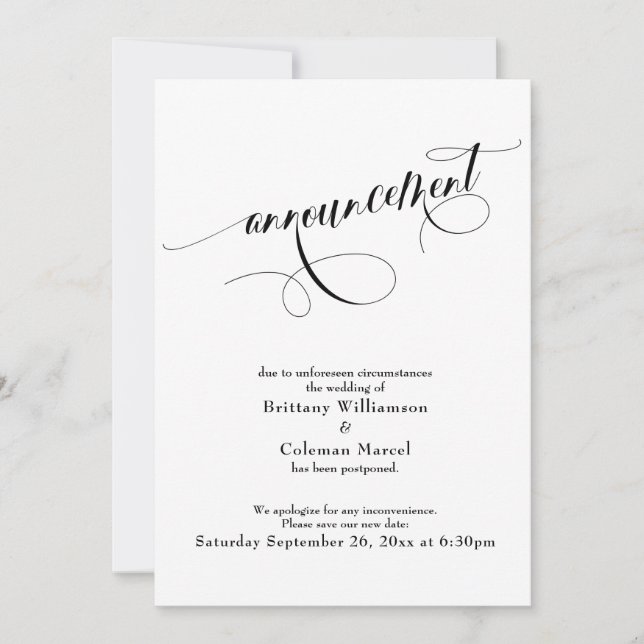 Elegante White Postponed Wedding Announcement Einladung (Vorderseite)
