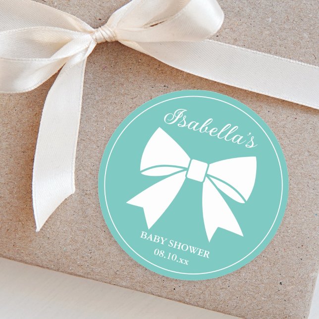 Elegante White Ribbon Bow Aquamarin Blue Baby Dusc Runder Aufkleber (Von Creator hochgeladen)