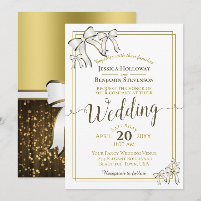 Elegante White Ribbons Gold Wedding Einladung (Vorne/Hinten)