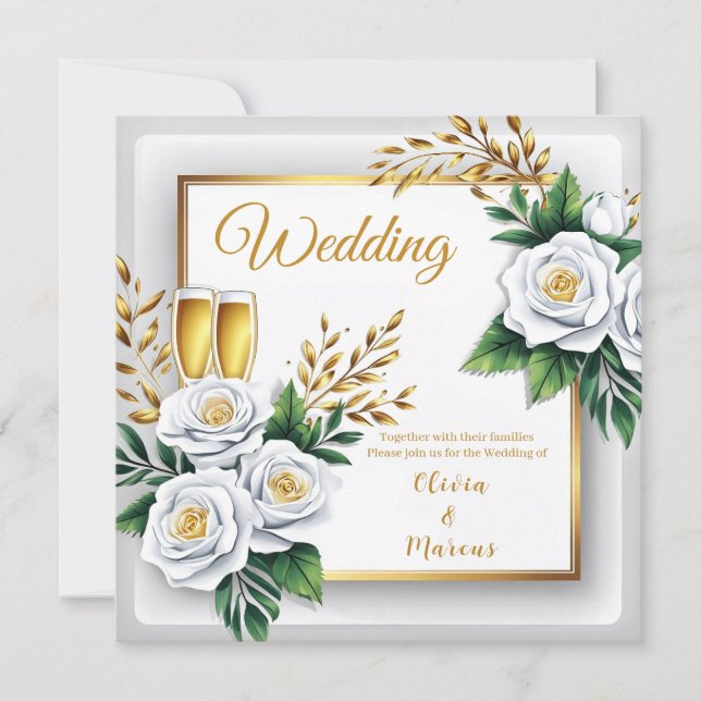 Elegante White Rose & Champagne Gold Wedding Card (Vorderseite)