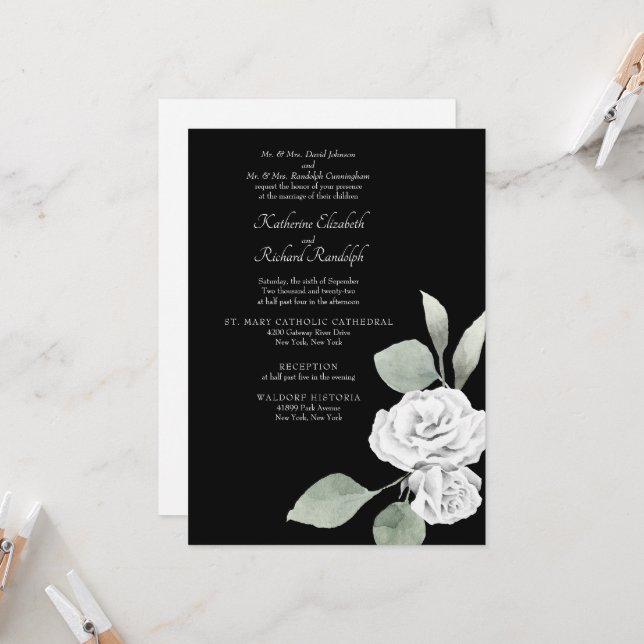 Elegante White Rose Foliage Black Wedding Einladung (Vorderseite/Rückseite Beispiel)