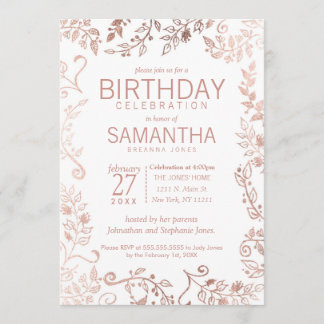 Elegante White Rose Gold Floral Geburtstagsparty Einladung