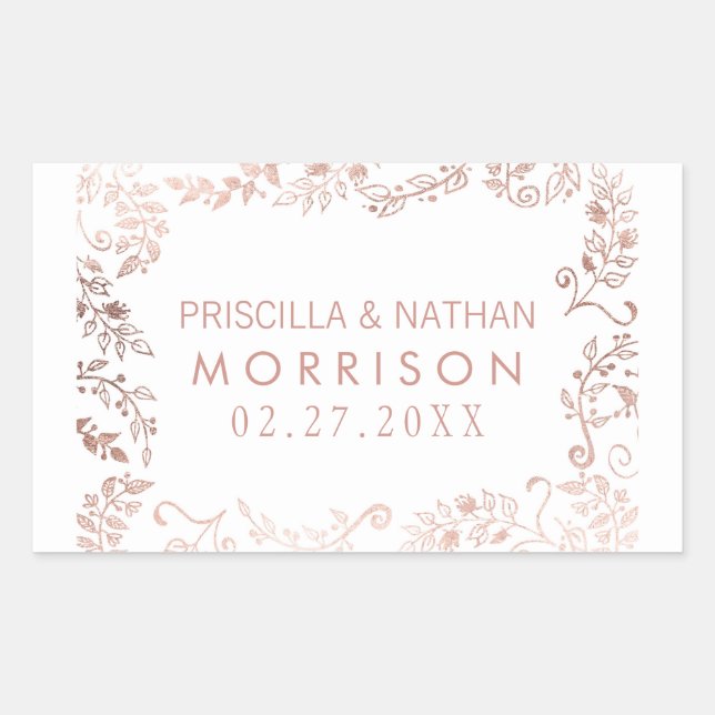 Elegante White Rose Gold Floral Wedding Rechteckiger Aufkleber (Vorderseite)