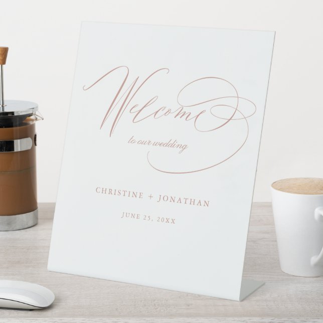 Elegante White Rose Gold Script Wedding Willkommen Sockelschild (In Situ)