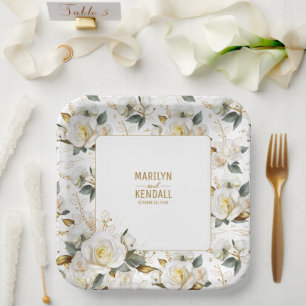 Elegante White Rose Romantic Floral Wedding Pappteller