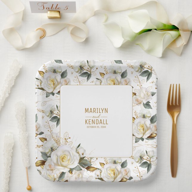 Elegante White Rose Romantic Floral Wedding Pappteller (Hochzeit)