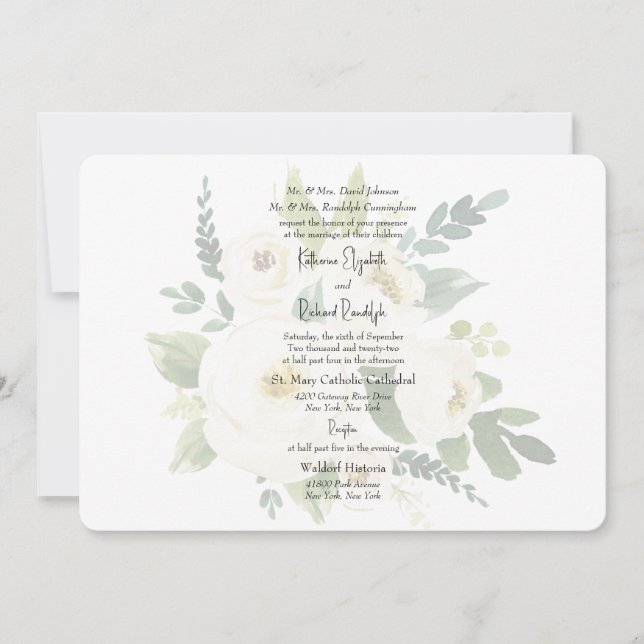Elegante White Rose Watercolor Wedding Rounded Einladung (Vorderseite)
