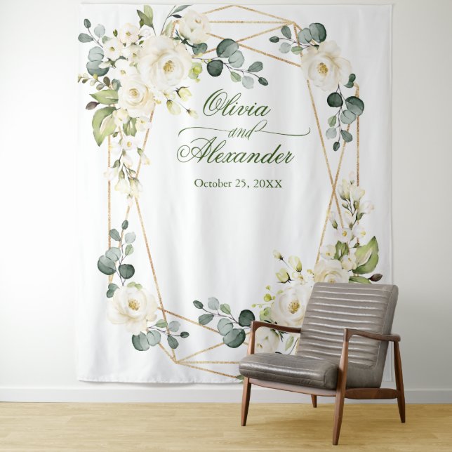 Elegante White Rose Wedding Foto Stand Hintergrund Wandteppich (Beispiel)