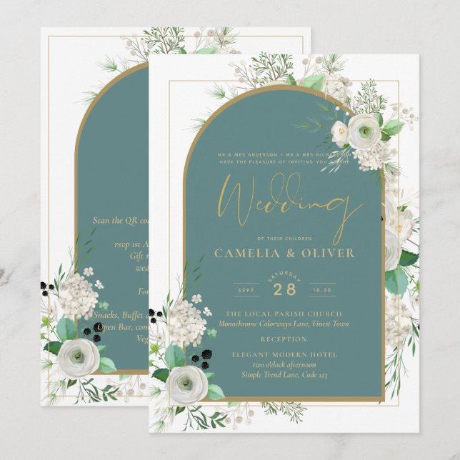 Elegante White Roses All-in-1 Wedding Einladung UA (Vorne/Hinten)