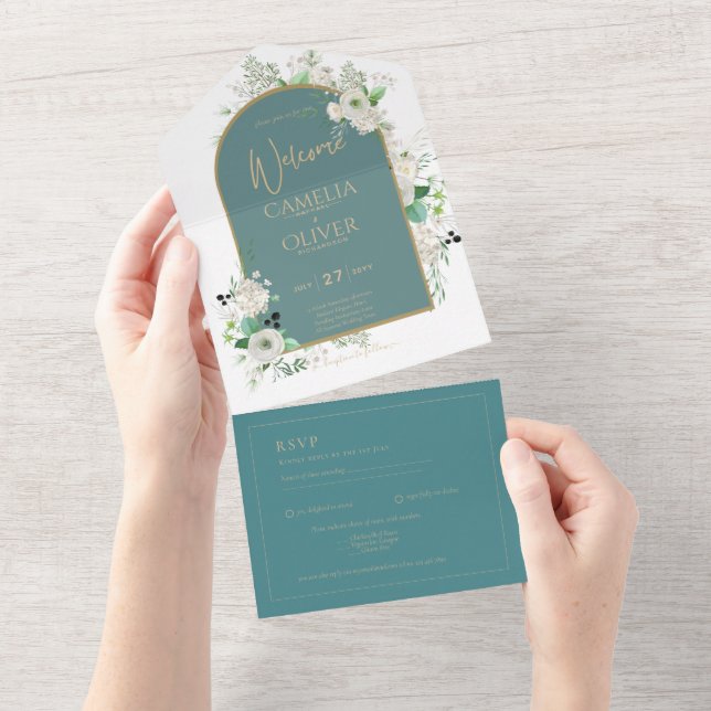Elegante White Roses All-in-1 Wedding Einladung UA (Abreißen)