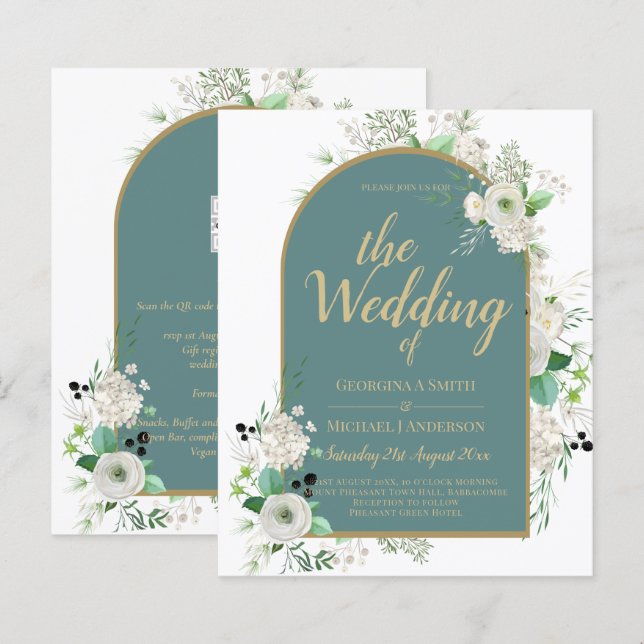 Elegante White Roses All-in-1 Wedding Einladung UA (Vorne/Hinten)