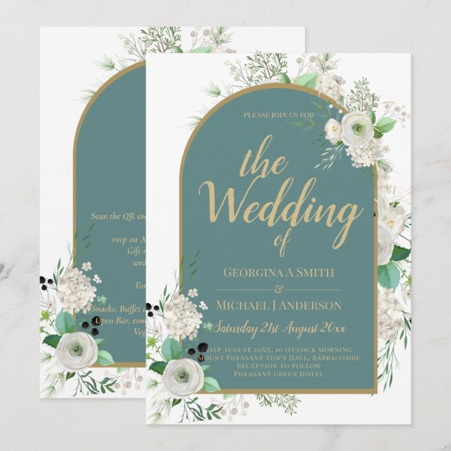 Elegante White Roses All-in-1 Wedding Einladung UA (Vorne/Hinten)