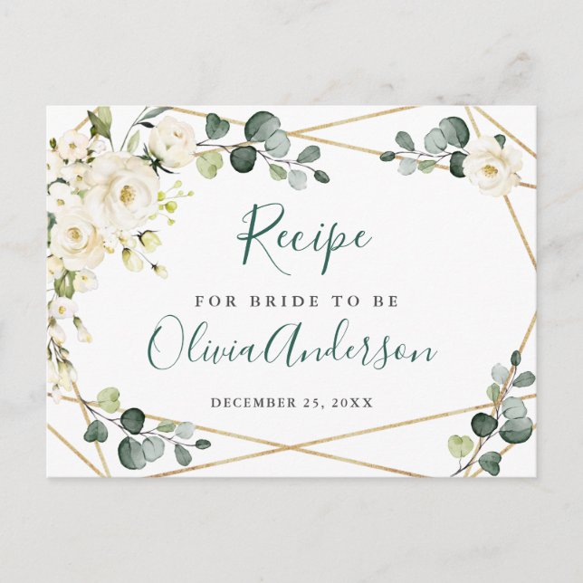 Elegante White Roses Brautparty Rezept Karte (Vorderseite)