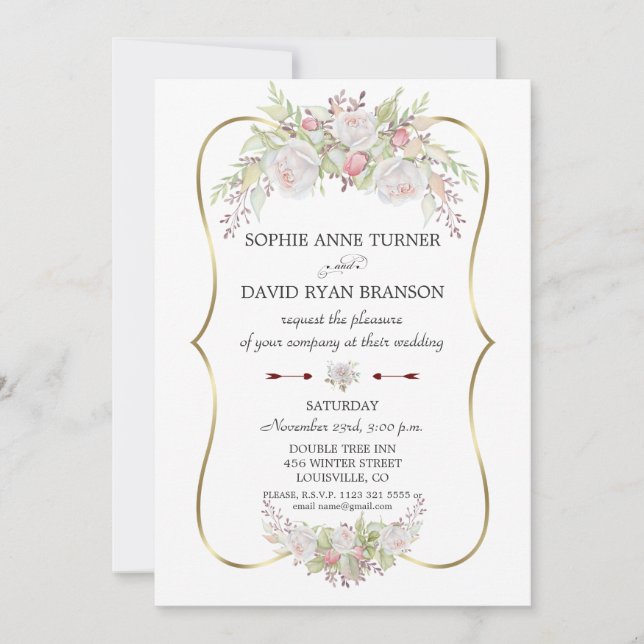 Elegante White Roses Burgundy Gold Frame Wedding Einladung (Vorderseite)