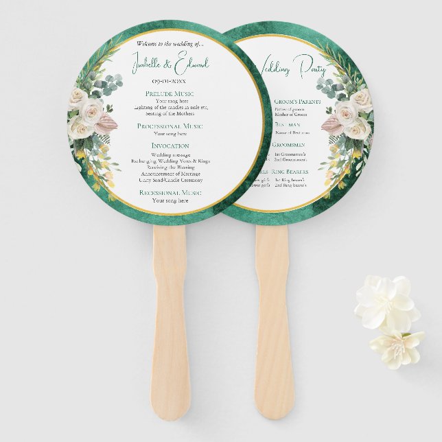 Elegante White Roses Emerald Green Wedding Zeremon Fächer (Vorne und Hinten)