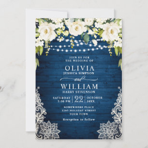 Elegante White Roses Lace Rustic Blue Wood Wedding Einladung