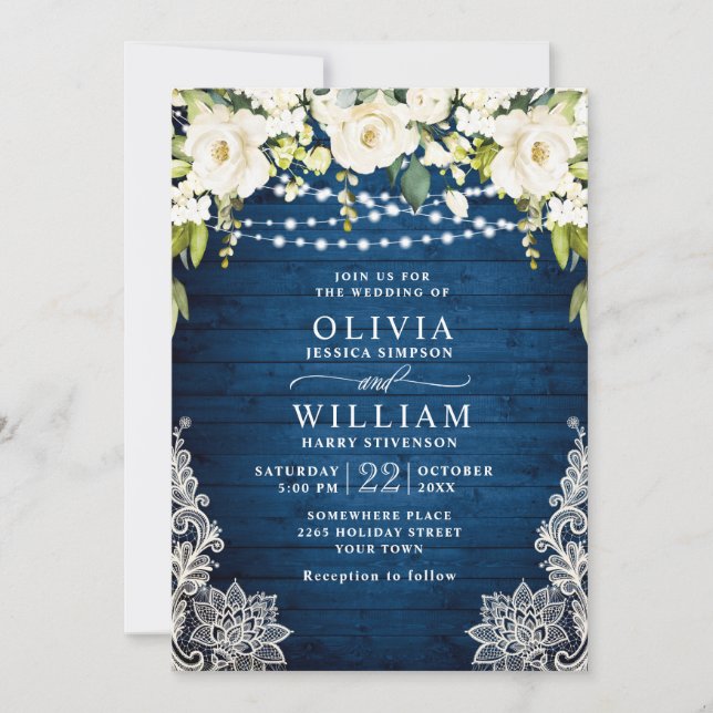 Elegante White Roses Lace Rustic Blue Wood Wedding Einladung (Vorderseite)