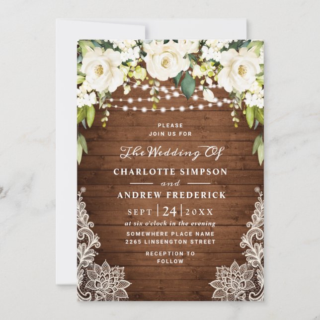 Elegante White Roses Lace Rustic Wood Wedding Einladung (Vorderseite)