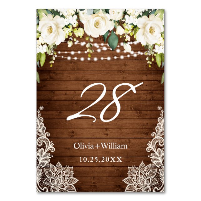 Elegante White Roses Lace Rustic Wood Wedding Tischnummer (Vorderseite)
