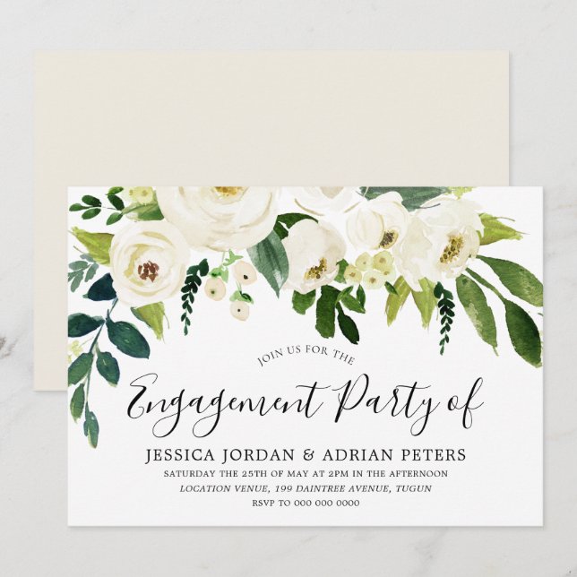 Elegante White Roses Moderne Engagement Party Einladung (Vorne/Hinten)