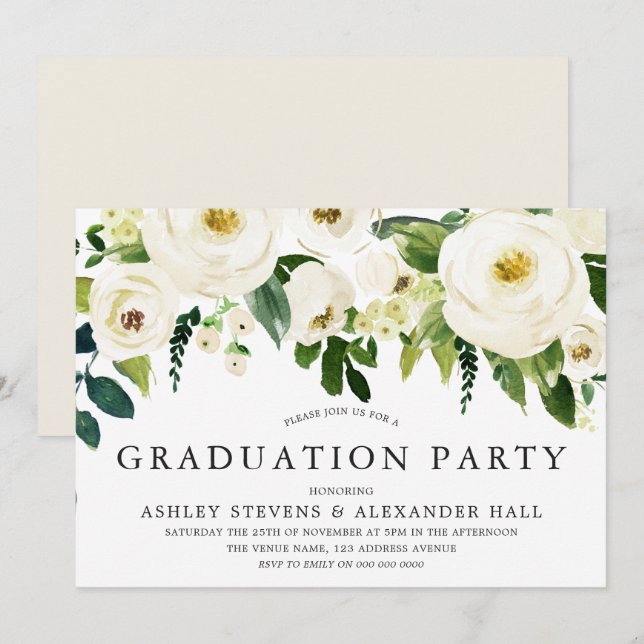 Elegante White Roses Schöne Graduierungsparty Einladung (Vorne/Hinten)
