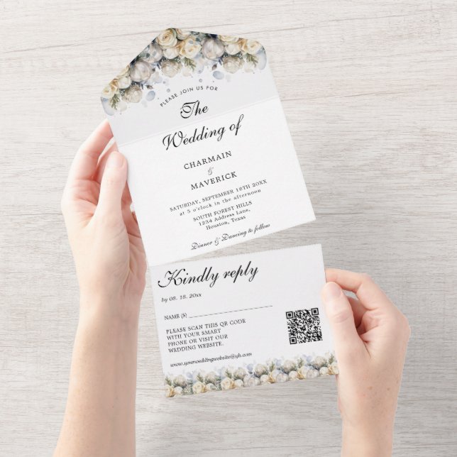 Elegante White Roses UAWG QR Code Hochzeit All In One Einladung (Abreißen)