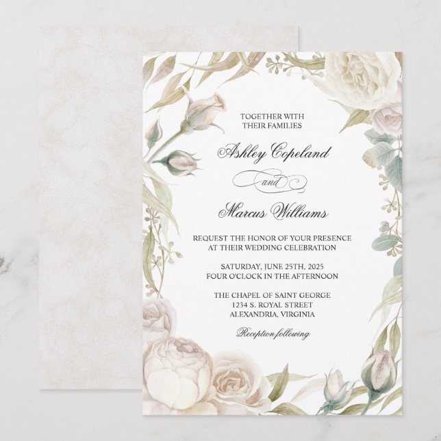 Elegante White Roses Watercolor Einladung zur Hoch (Vorne/Hinten)