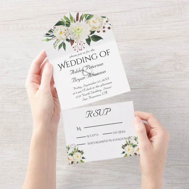 Elegante White Roses Wedding All In One Einladung (Abreißen)