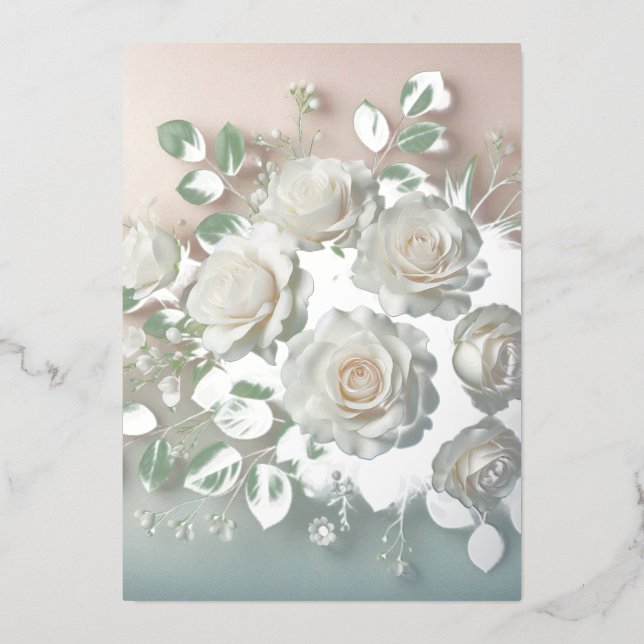 Elegante White Roses Wedding Folieneinladung (Vorderseite)