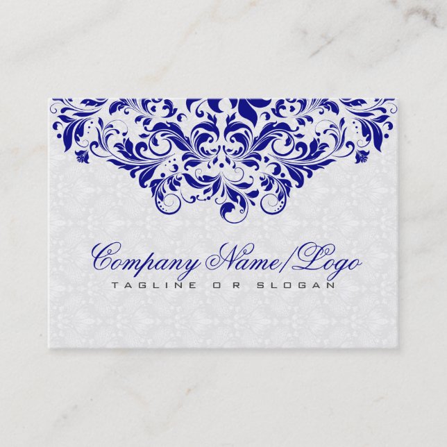 Elegante White & Royal Blue Damaskus & Wirbel Visitenkarte (Vorderseite)
