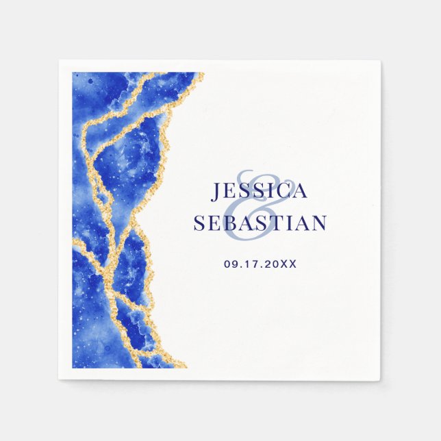 Elegante White Royal Blue und Gold Agate Wedding Serviette (Vorderseite)