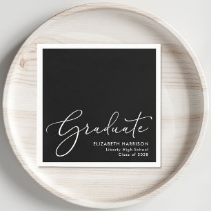 Elegante White Script Black Graduation Party Serviette