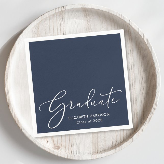 Elegante White Script Blue Graduation Party Serviette (Von Creator hochgeladen)