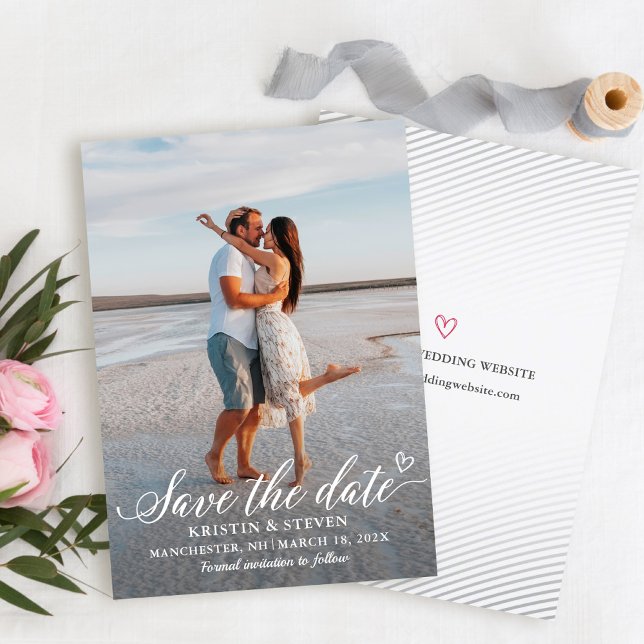 Elegante White Script Foto Save the Date Karte (Von Creator hochgeladen)