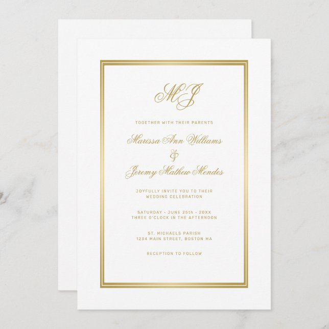 Elegante White-Script-Monogram-Hochzeit Einladung (Vorne/Hinten)
