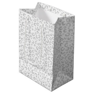 Elegante White Silver Glitzer Leopard Animal Print Mittlere Geschenktüte