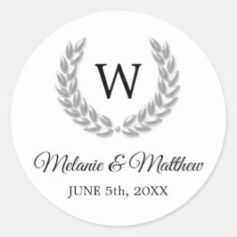 Elegante White & Silver Laurel Monogram Wedding Runder Aufkleber