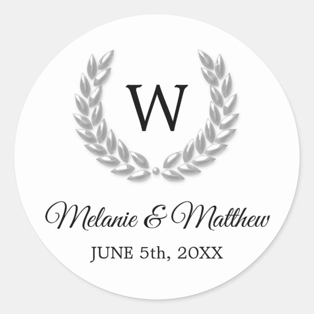 Elegante White & Silver Laurel Monogram Wedding Runder Aufkleber (Vorderseite)