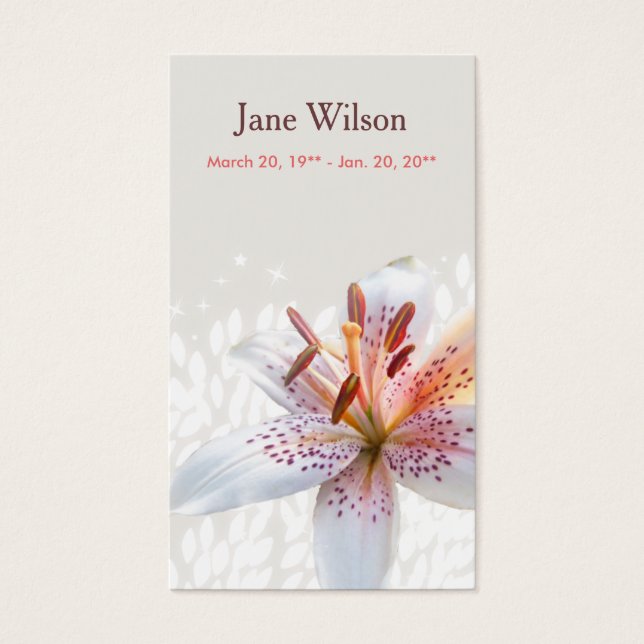 Elegante White Tiger Lily Name Prayer Card (Vorderseite)