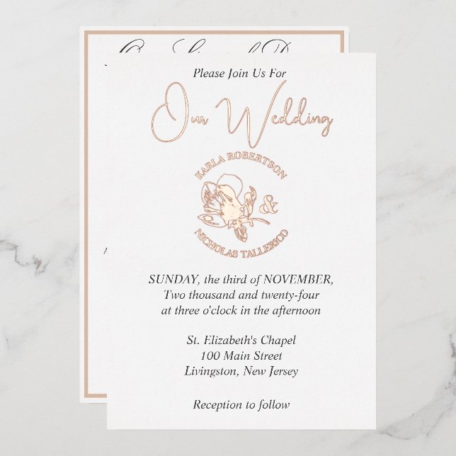 Elegante White Wedding Rose Folieneinladung (Vorderseite/Rückseite)