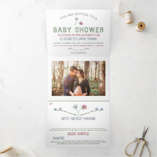 Elegante White, Wildblume Baby Shower Suite Dreifach Gefaltete Einladung